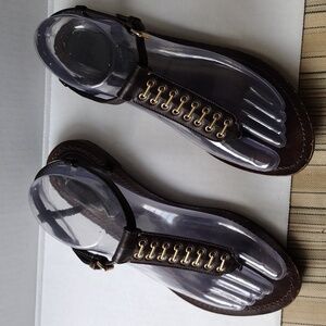 Burberry Dark Brown T-Strap Sandals with Metallic Detail 37.5